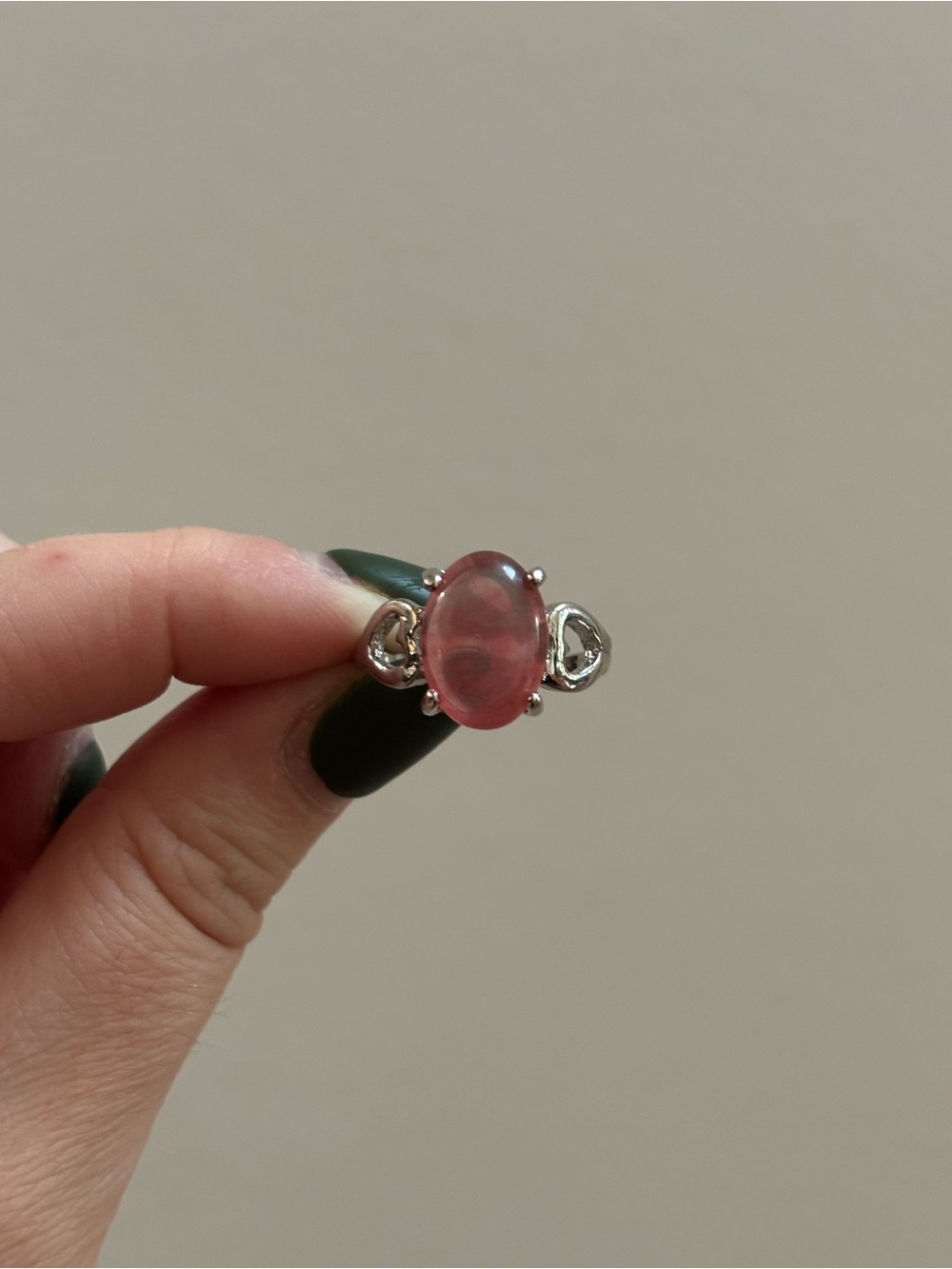 Silver Tone Pink Round Gemstone Statement Ring with Heart Cutouts - Picture 3 of 5